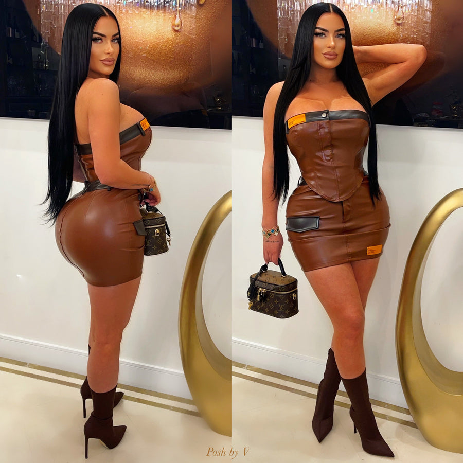 Feeci leather mini skirt set (Brown)