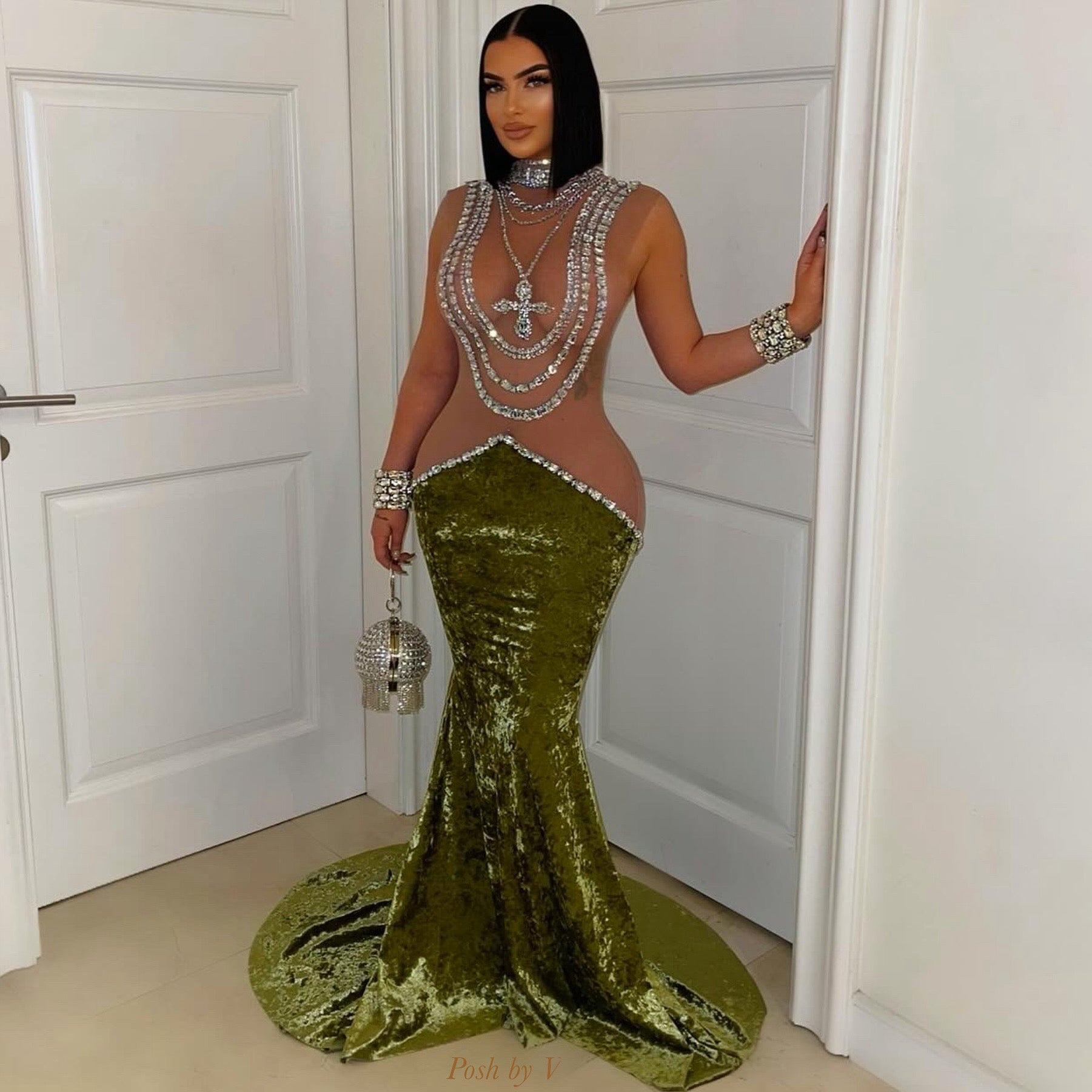 Exotic crystal velvet dress (Green/silver)