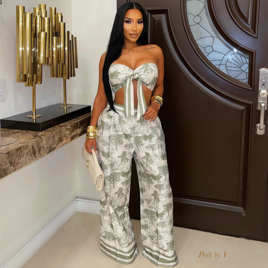 Baha palazzo pants set (Beige/green)