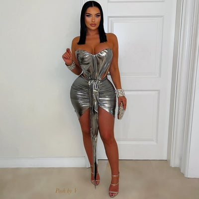 Elura chrome corset skirt set (Silver)