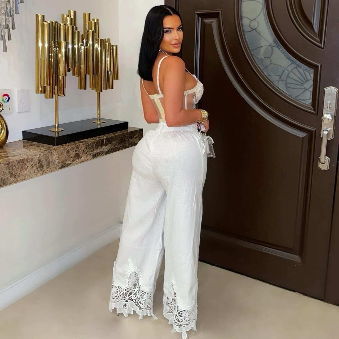 Nielz embroidered linen pants set (White/nude)