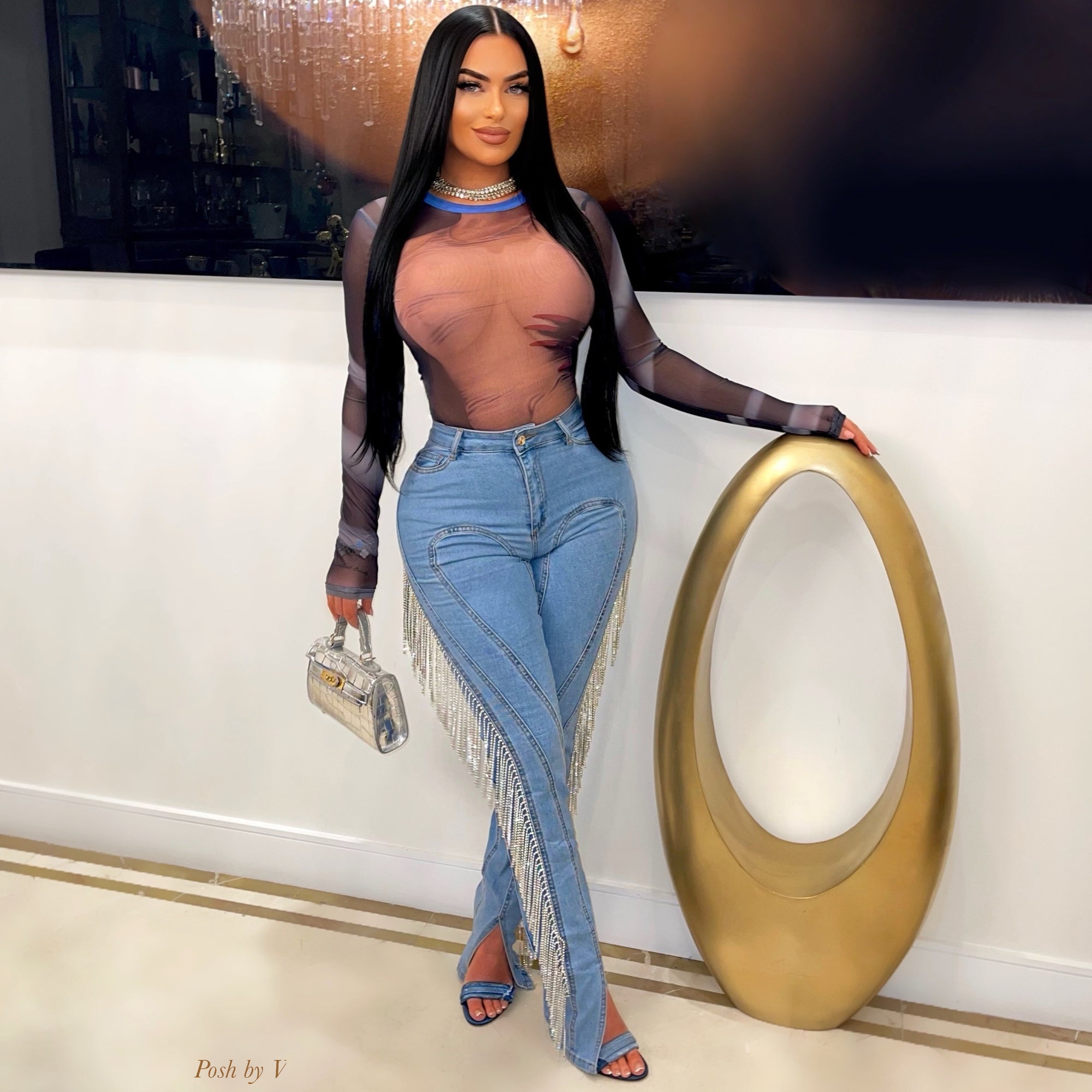 Milan crystal fringe jeans (Blue/silver)