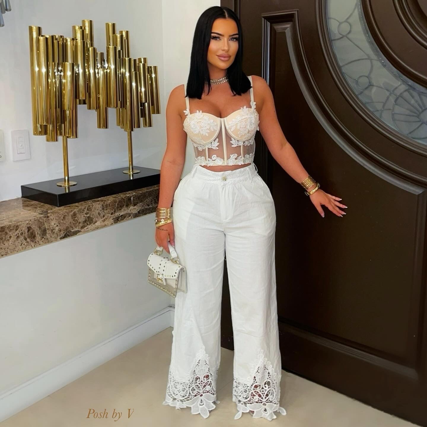 Nielz embroidered linen pants set (White/nude)