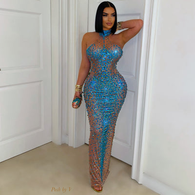 Galore glam crystal dress (Nude/Aqua blue)