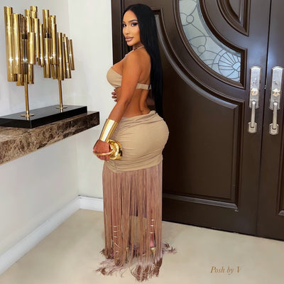Bali ruched fringe maxi (Mocha/gold)