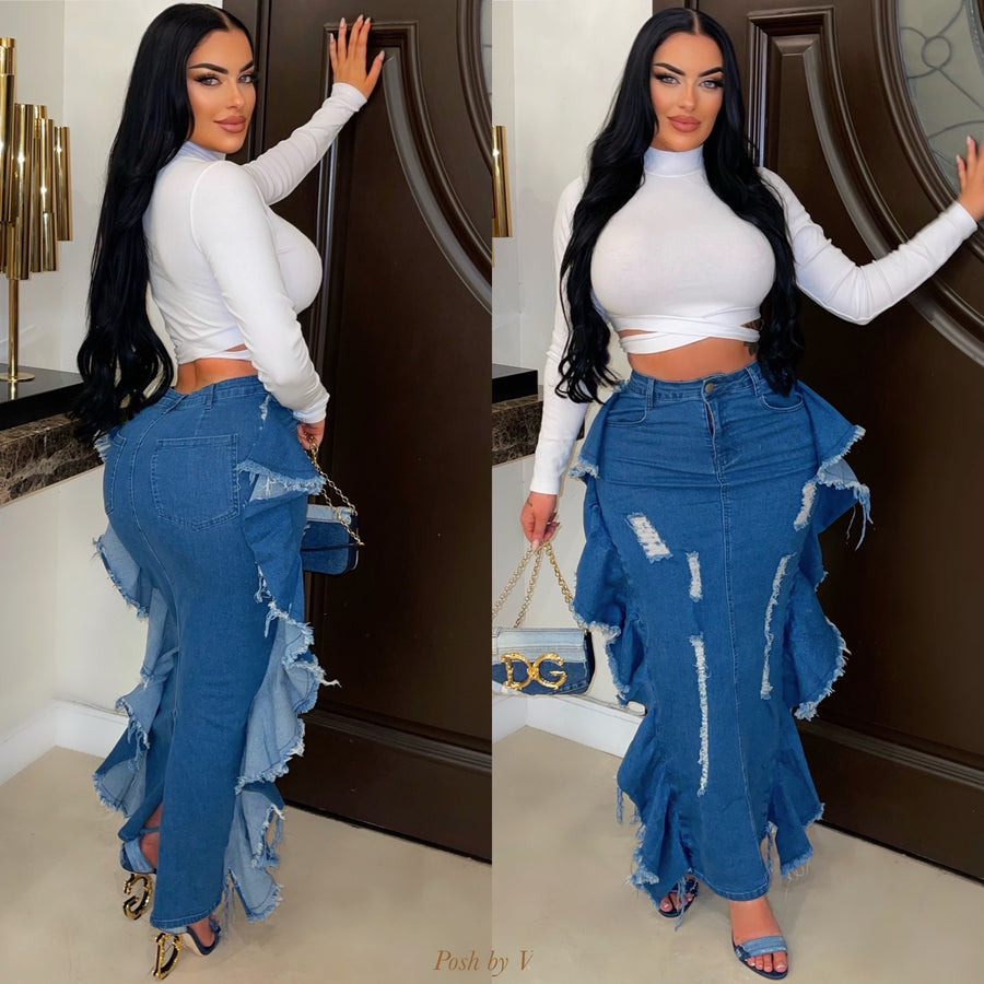 Palo ruffle denim skirt (Blue)