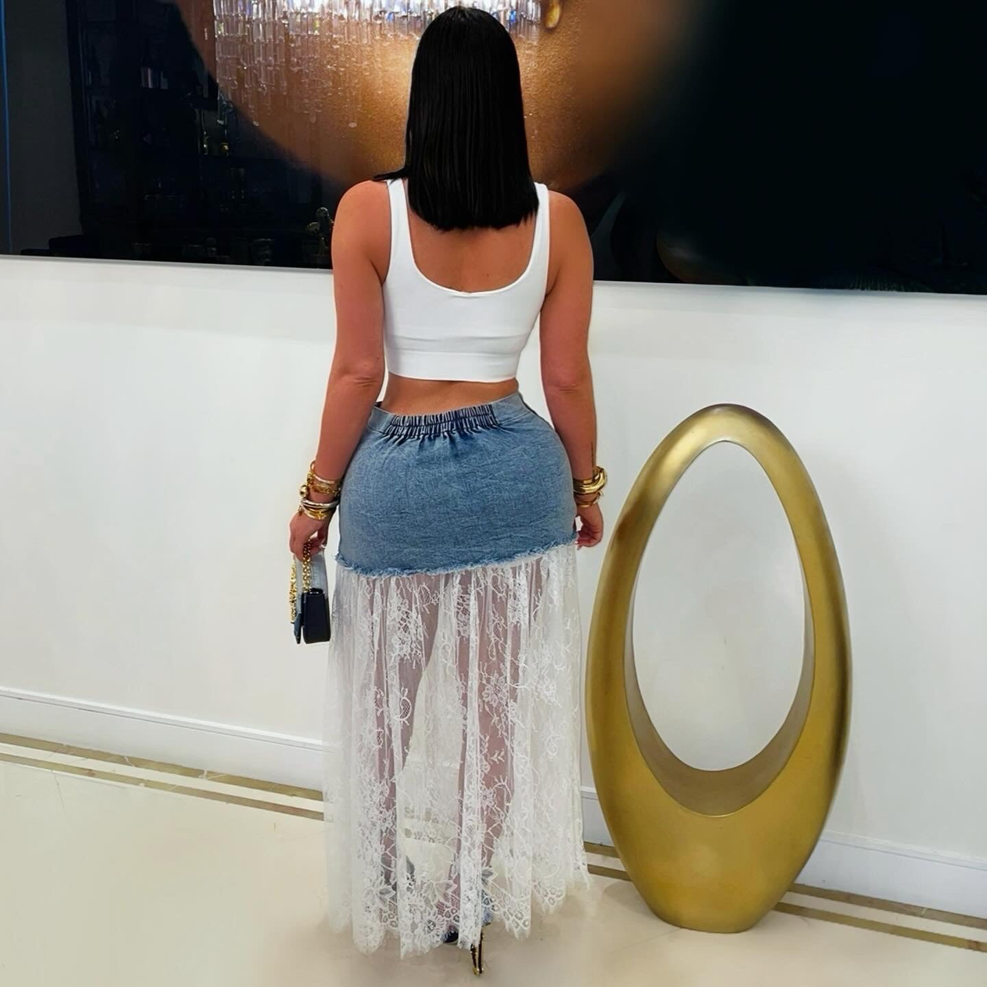 Cabo lace denim skirt (Blue/white)