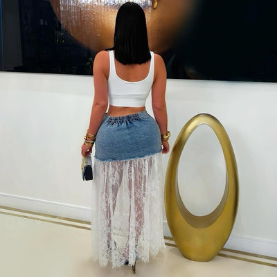 Cabo lace denim skirt (Blue/white)