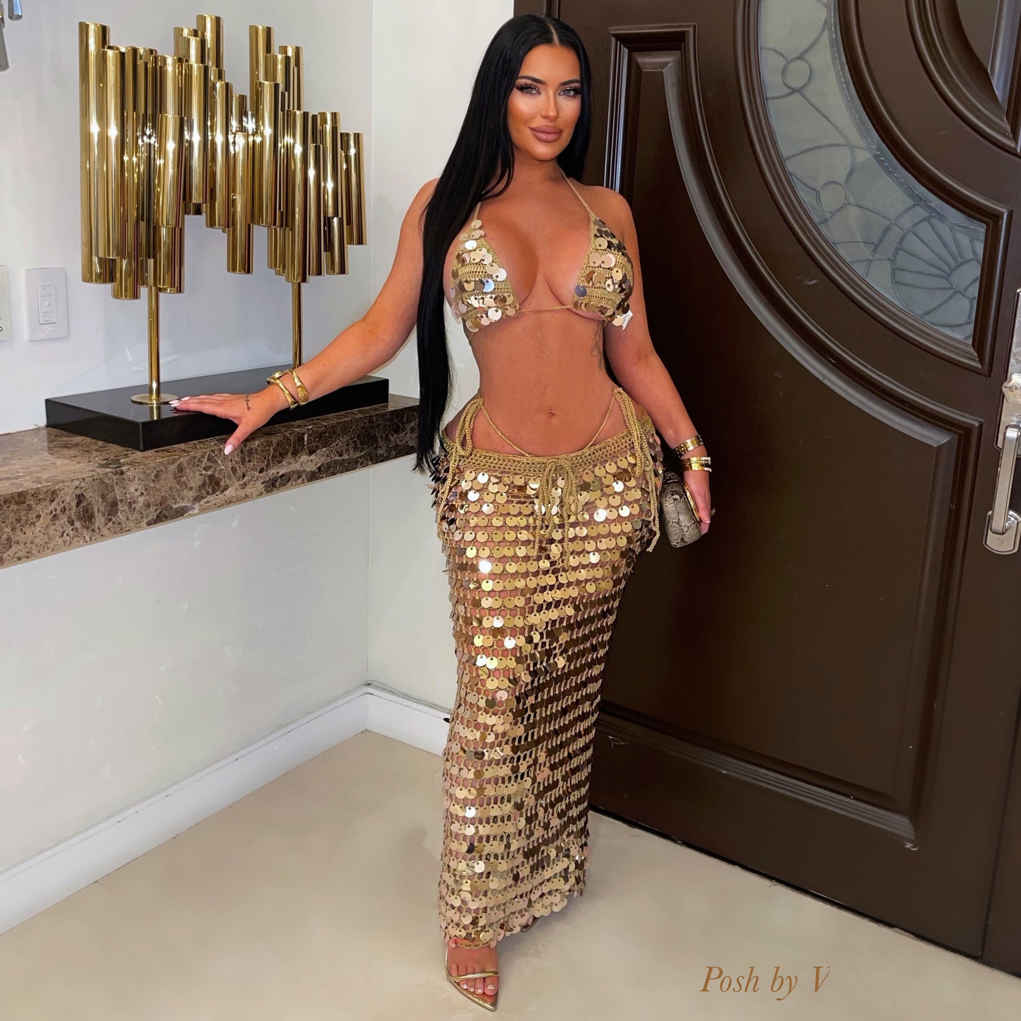 Trophy glam 3pcs bikini skirt set (Nude/Gold)
