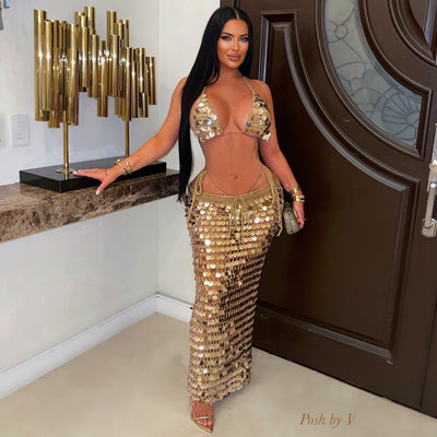 Trophy glam 3pcs bikini skirt set (Nude/Gold)