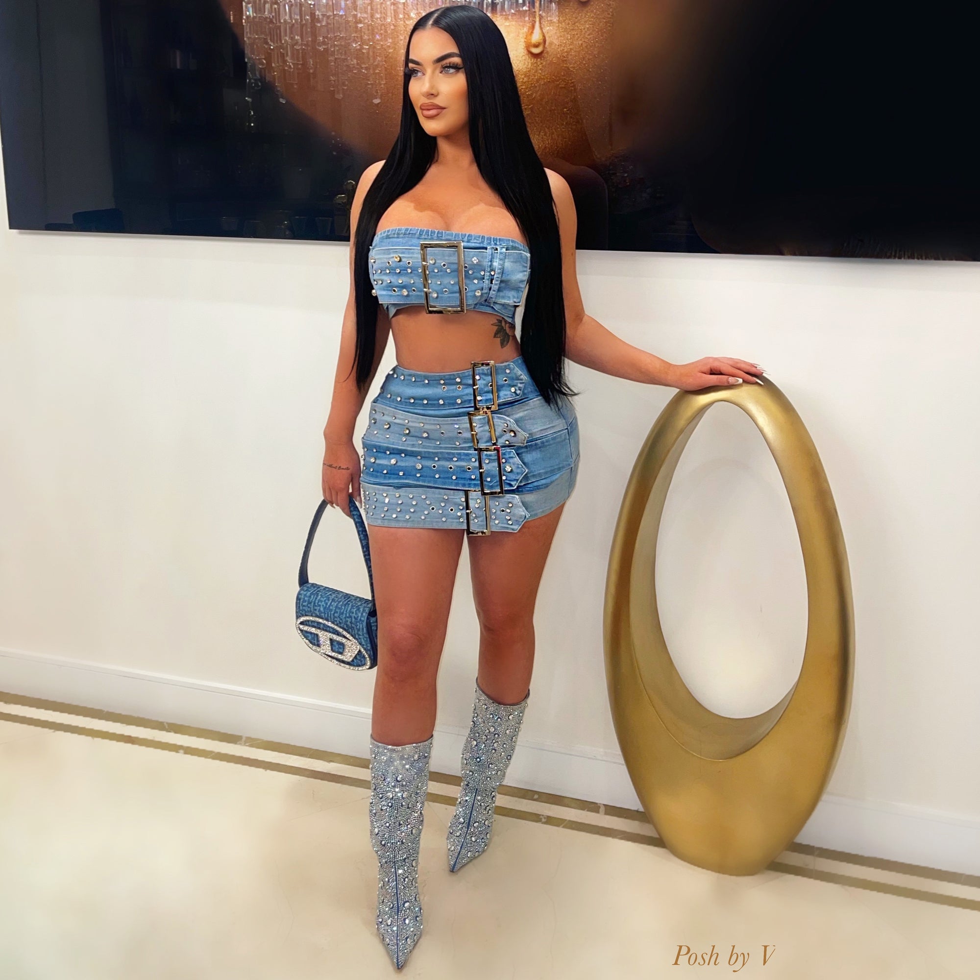 Amoy crystal two-tone denim jacket