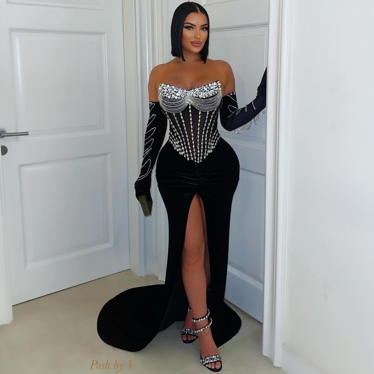 Monte corset crystal dress w/gloves (Black/silver) - Posh By V Monte corset crystal dress w/gloves (Black/silver) - Posh By V