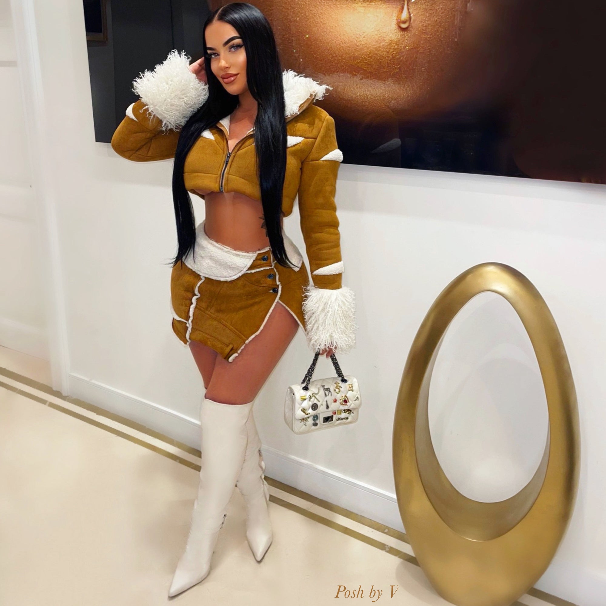 Coco fur jacket set (Brown/ivory)