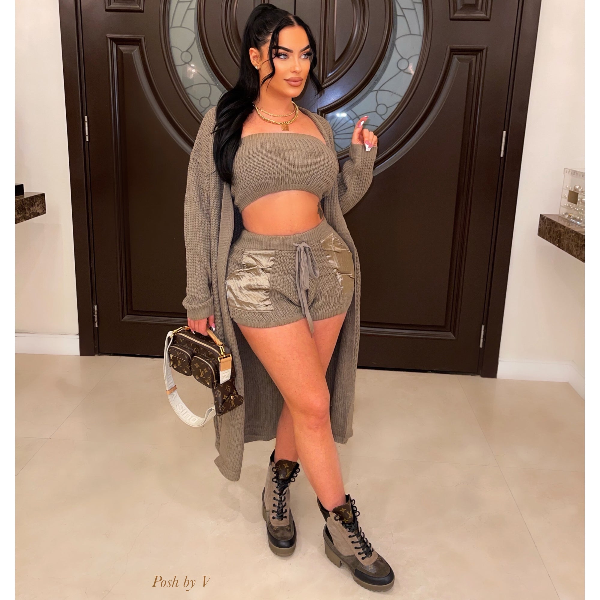 Alice 3pcs cardigan/shorts set (Taupe)