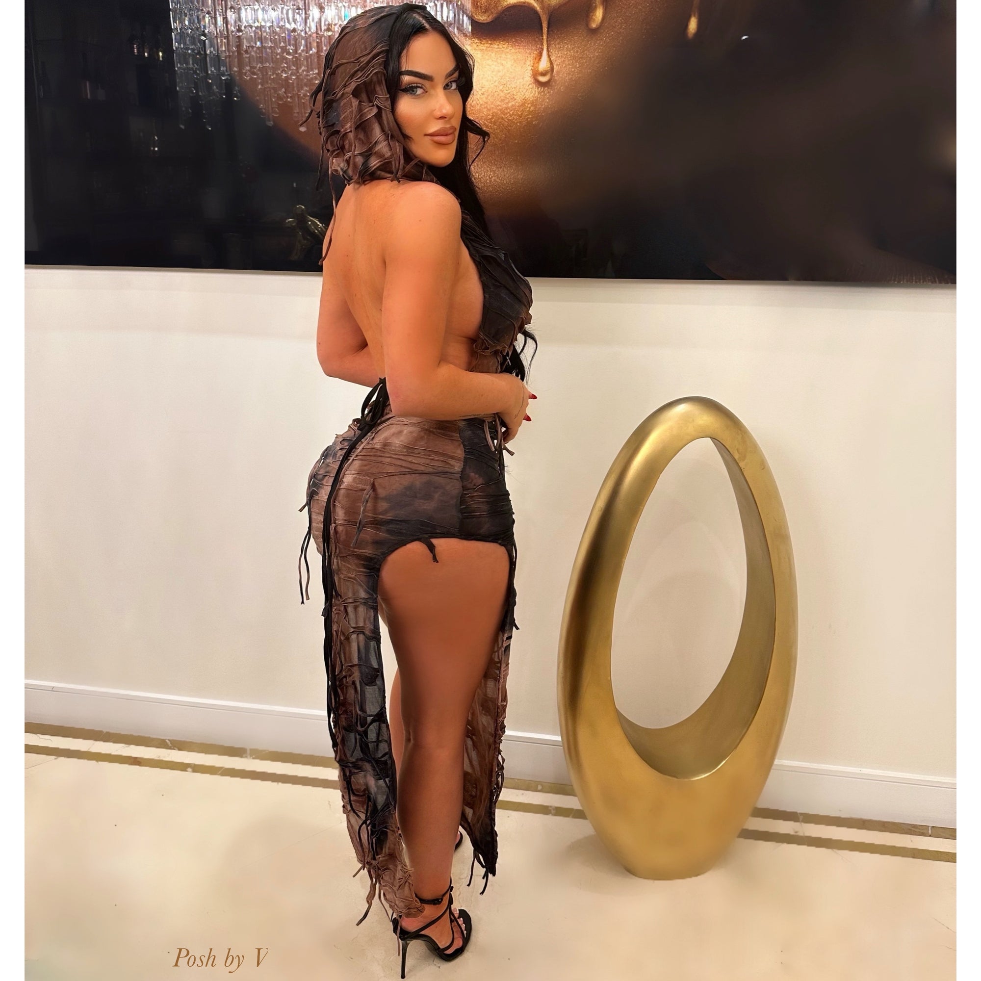 Edge slit dress (Brown/black)