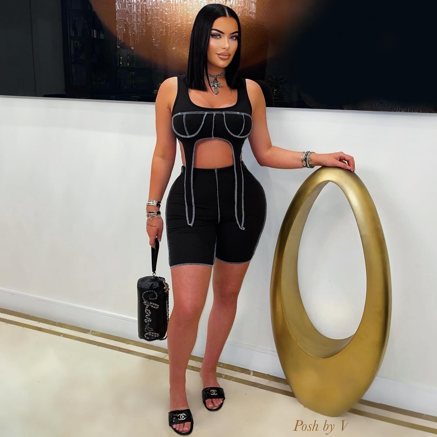 Cali rib short set (Black/white)