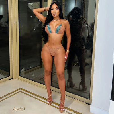 Posh croc 3pcs bikini set w/leggings (Nude/Aqua)