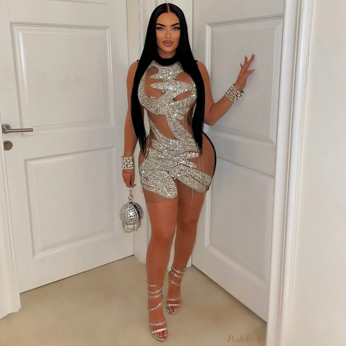 Lesque crystal glam dress (Silver/black)