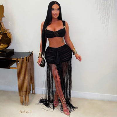 Saxa resort fringe skirt set (Black)