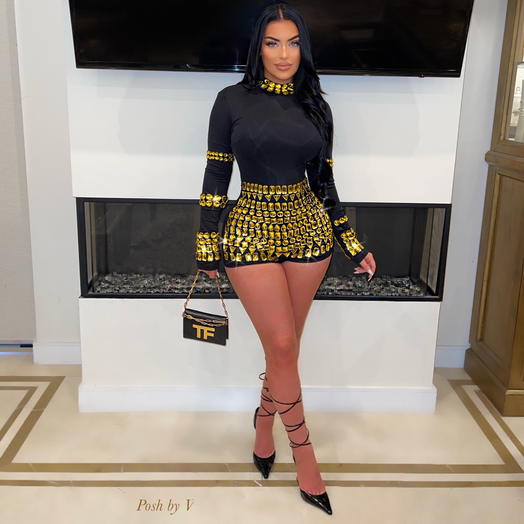 Paris crystal romper (Black/gold)