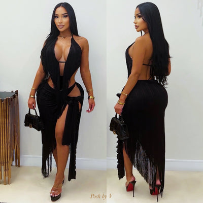 Lelin fringe skirt set (Black)