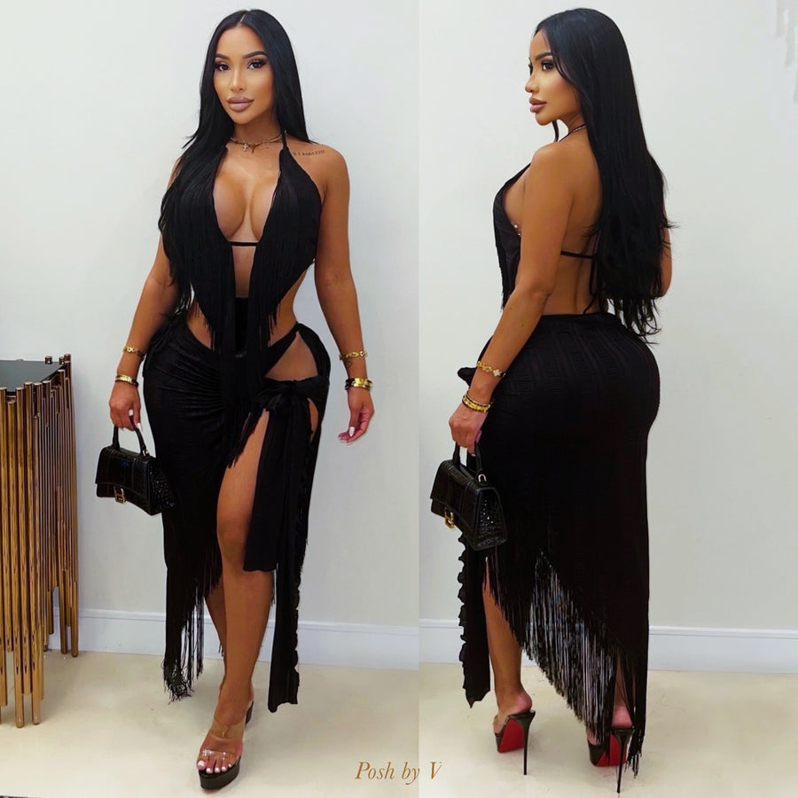 Lelin fringe skirt set (Black)