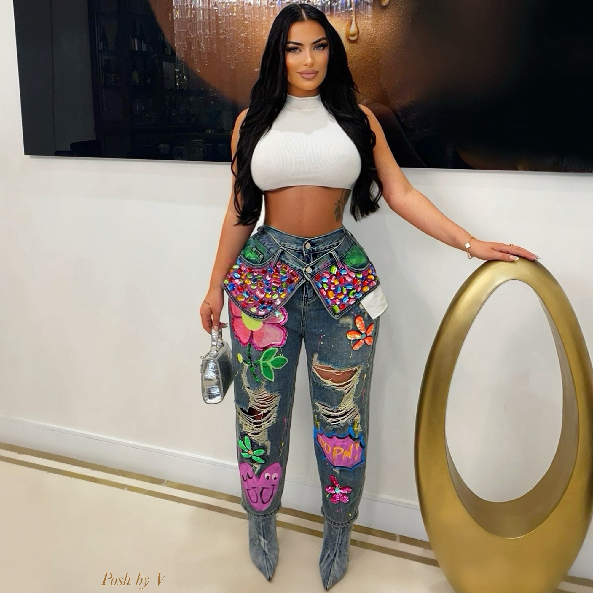 Roxi crystal double waist jeans (Blue multi)