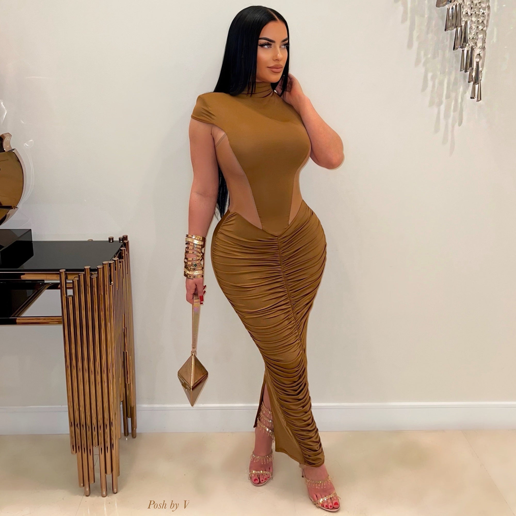 ruched nude dress Nude Braided One Shoulder Ruched Slit Open Back Maxi Dress Hot Miami Styles