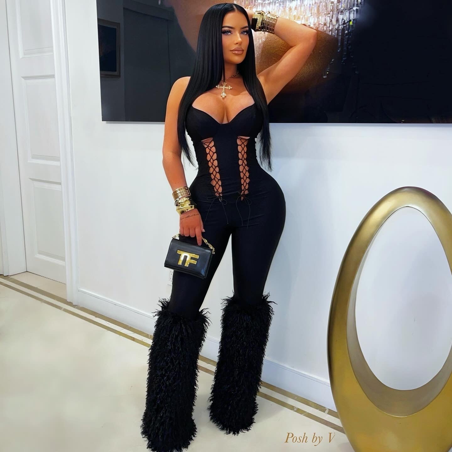 Bella furry laced jumpsuit (Black)