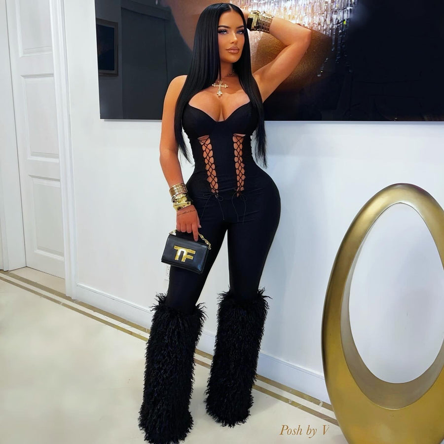 Bella furry laced jumpsuit (Black)