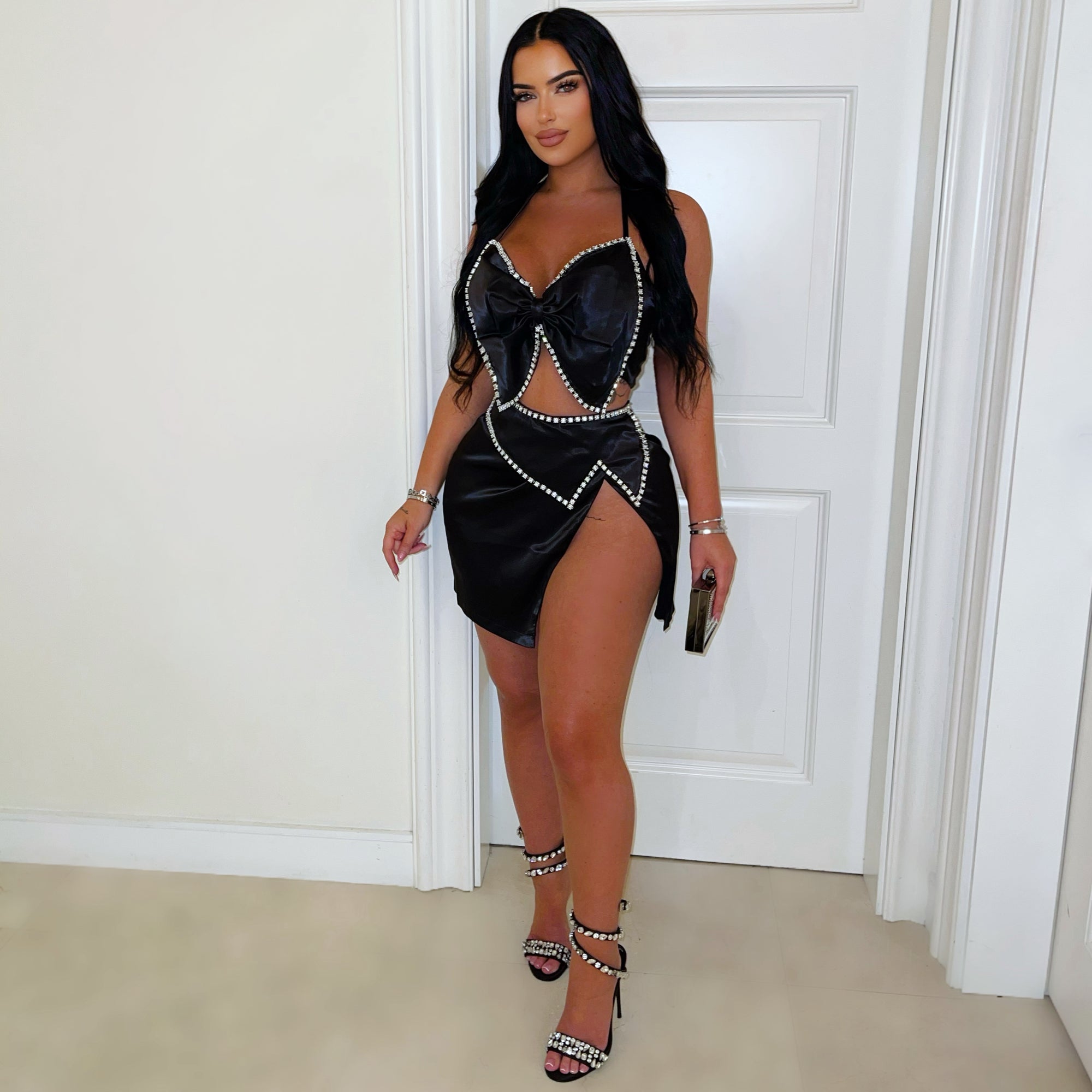 Alora bow crystal skirt set (Black/silver)