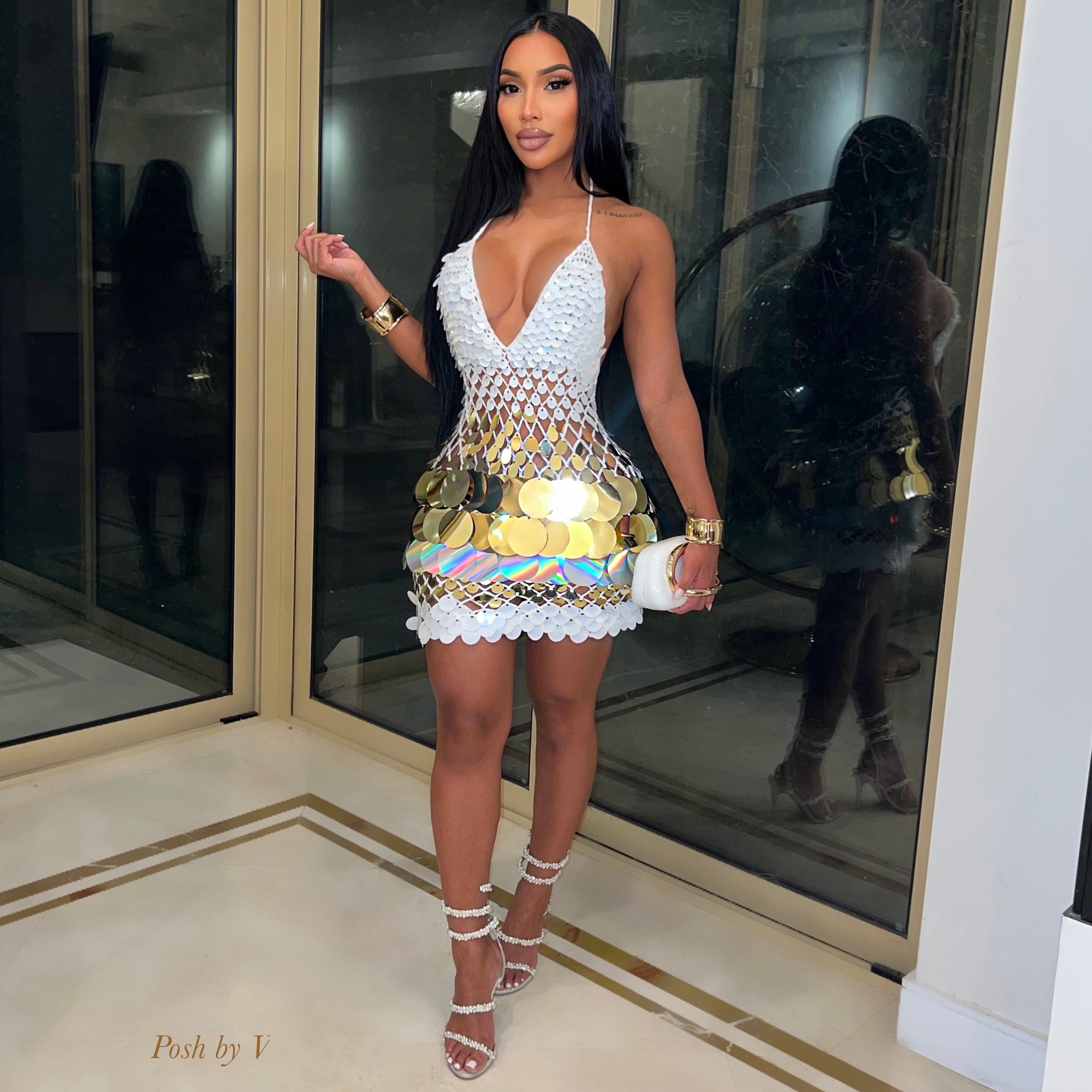 Soraya sequin mini dress (White/Gold)
