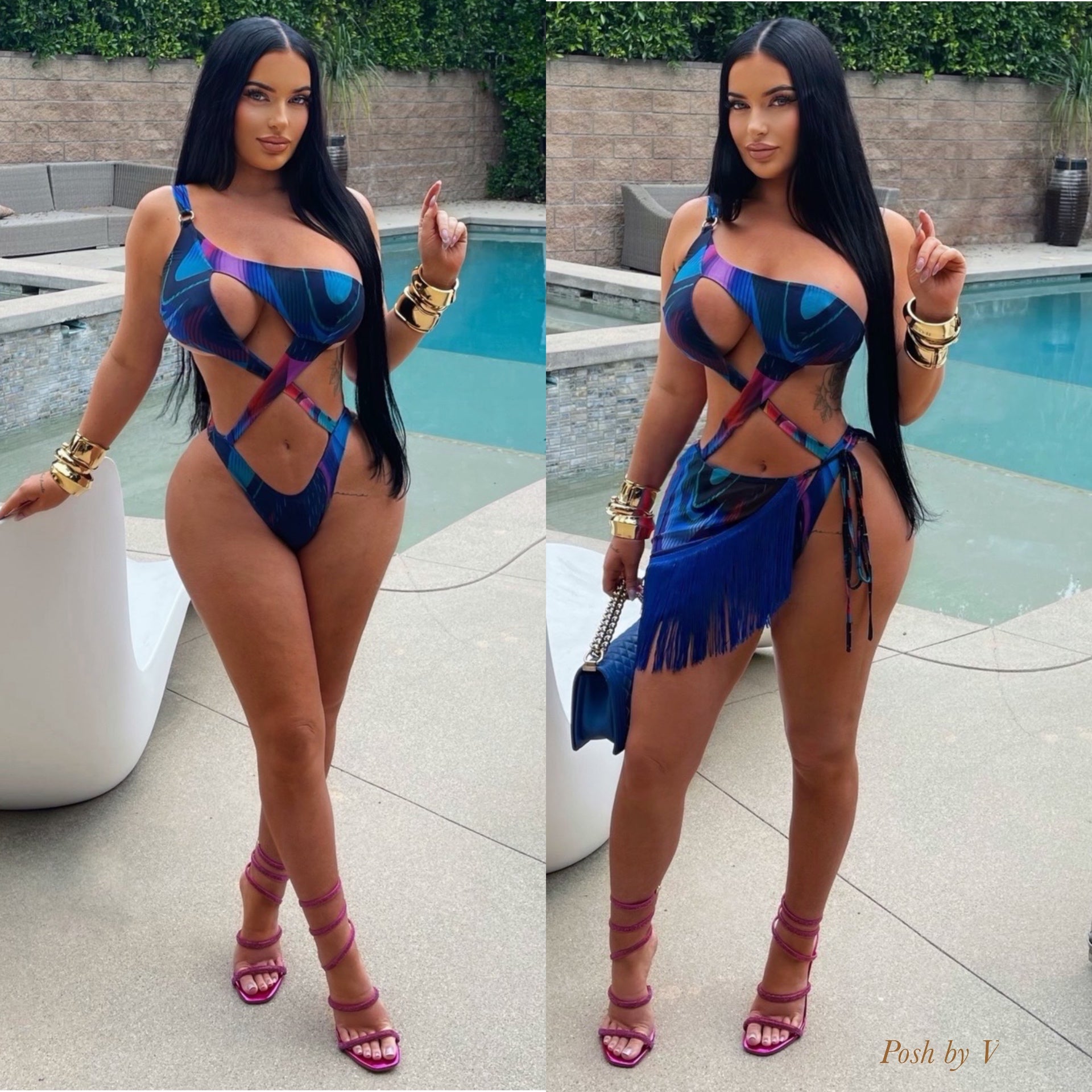 Caya monokini set w/fringe skirt (Blue multi)
