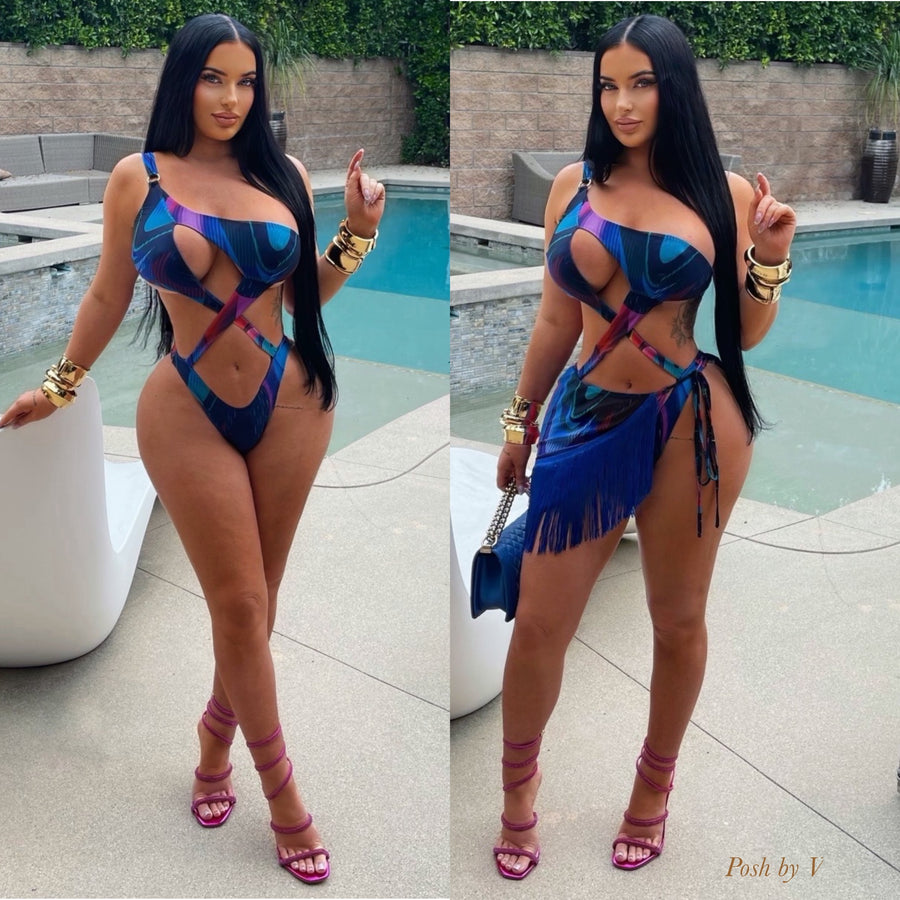 Caya monokini set w/fringe skirt (Blue multi)