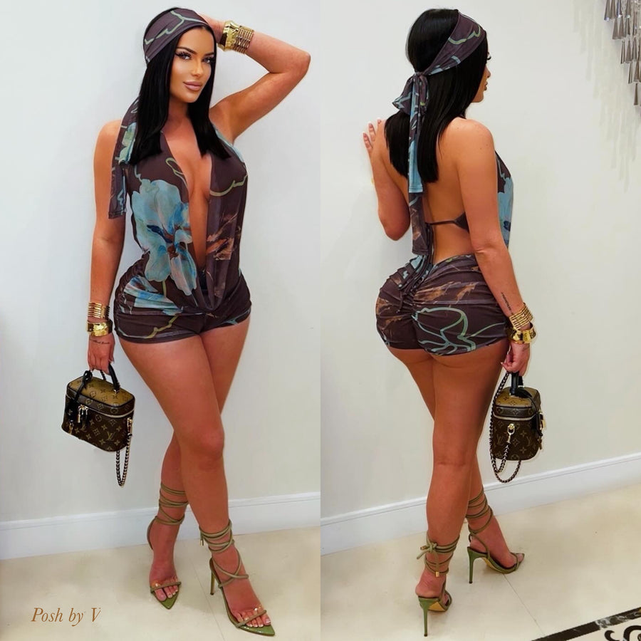 Lola romper w/head wrap (Brown/aqua)