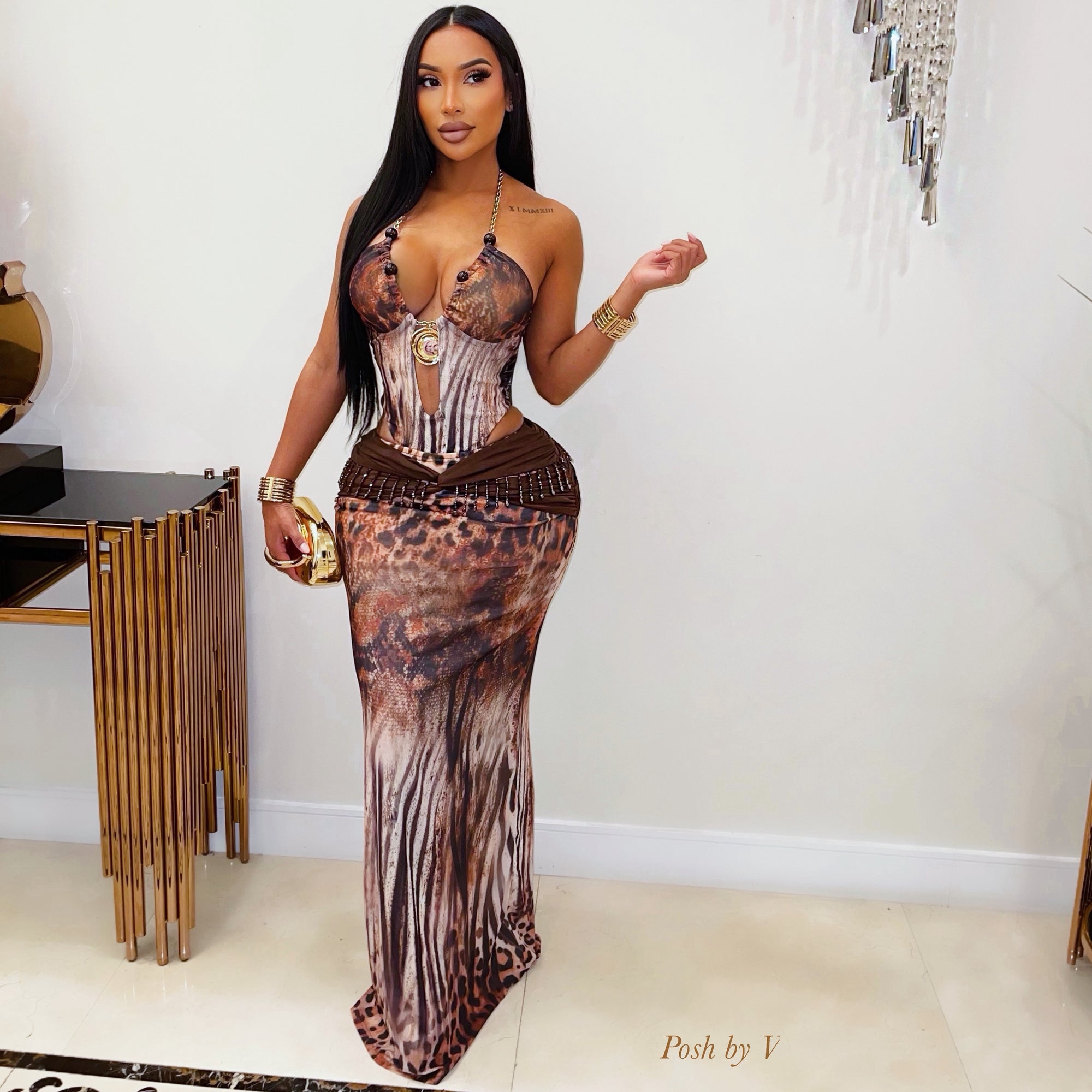 Zeta beaded maxi skirt set (Brown multi)