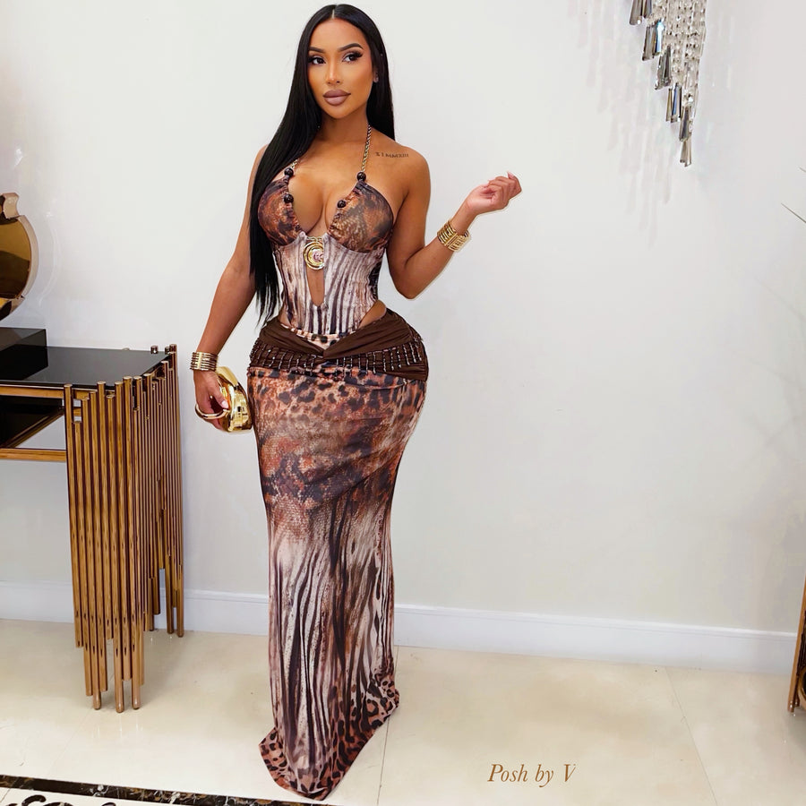 Zeta beaded maxi skirt set (Brown multi)
