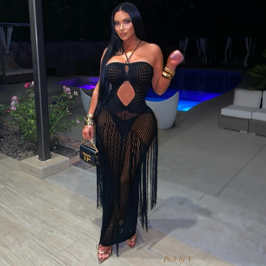 Anita crochet fringe maxi dress (Black)