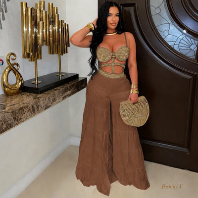 Raffia palazzo jumpsuit (Nude/Brown)