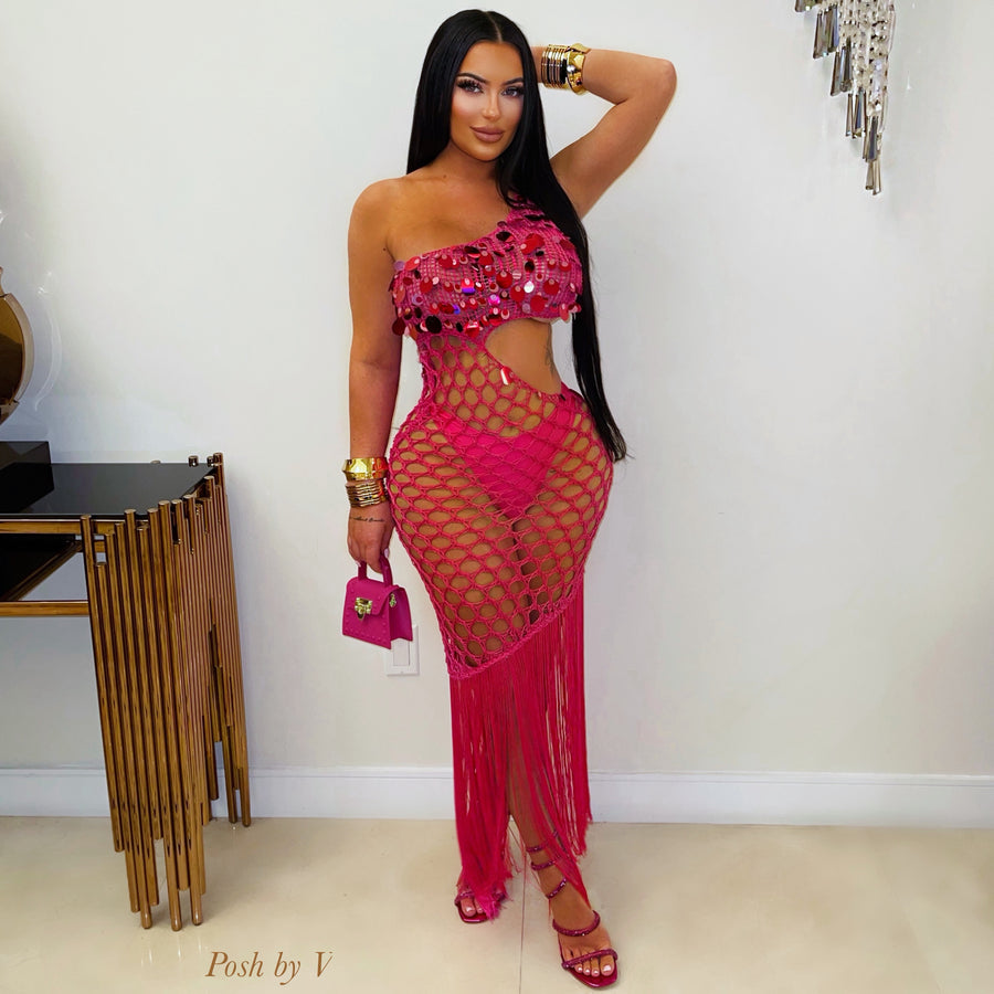 Tulum crochet fringe dress (Pink)
