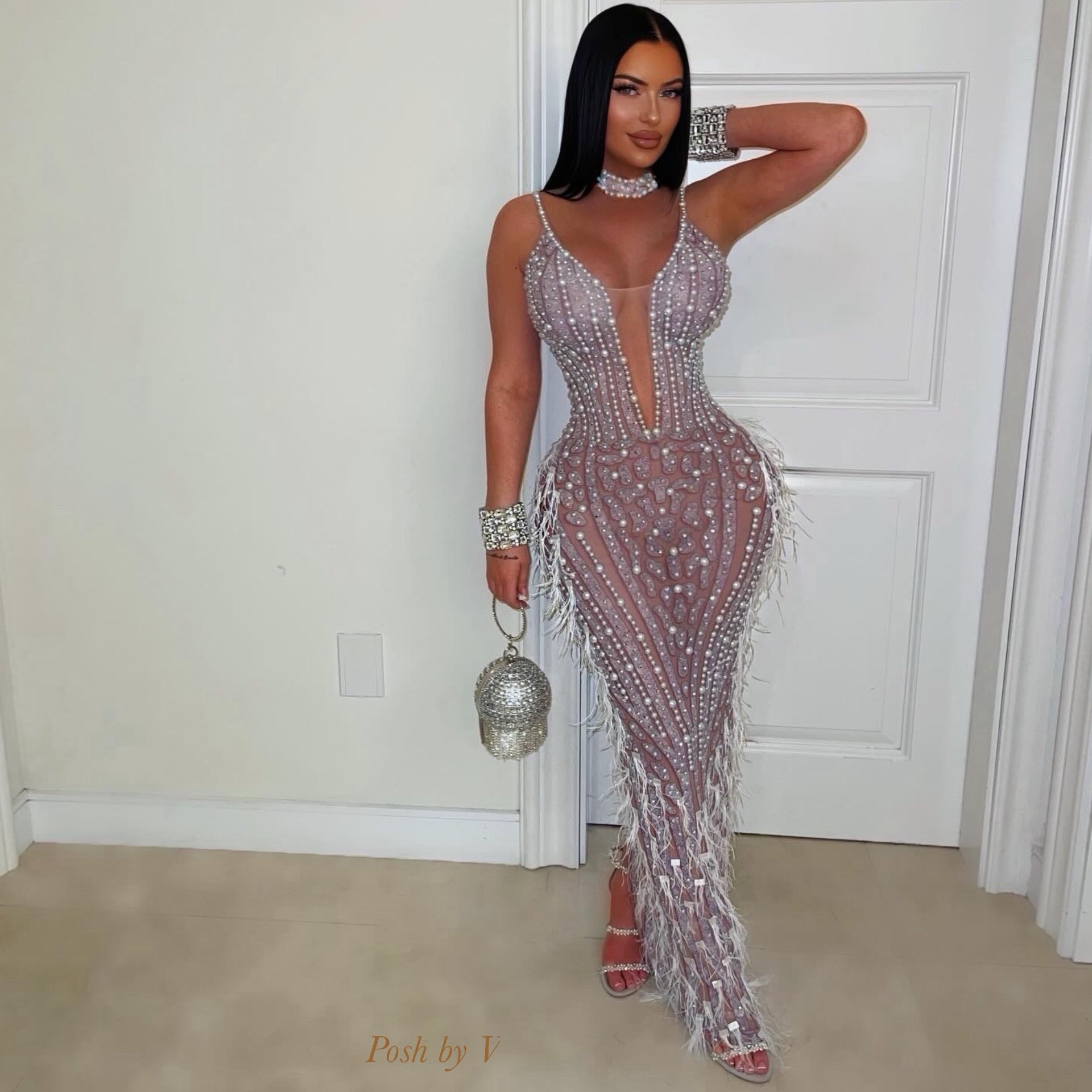 Culera pearl feather dress (Grey/white)