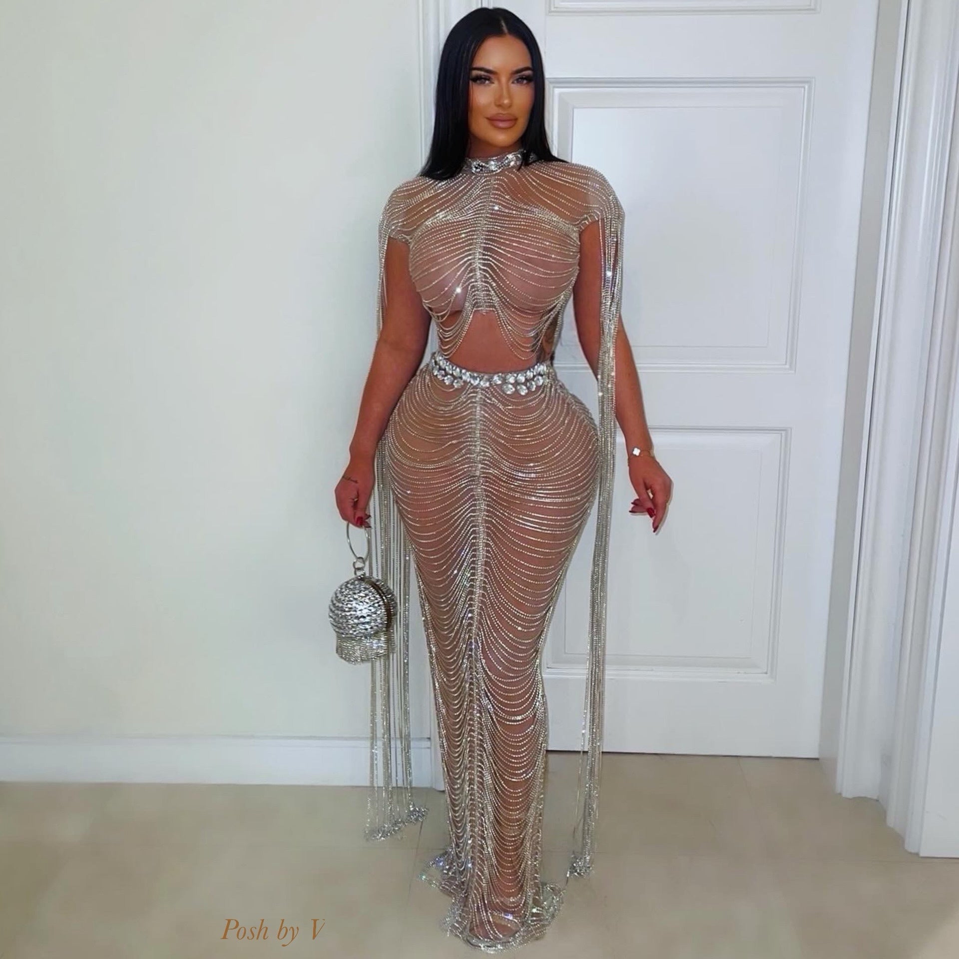 Luxure crystal chain skirt set (Nude/Silver)