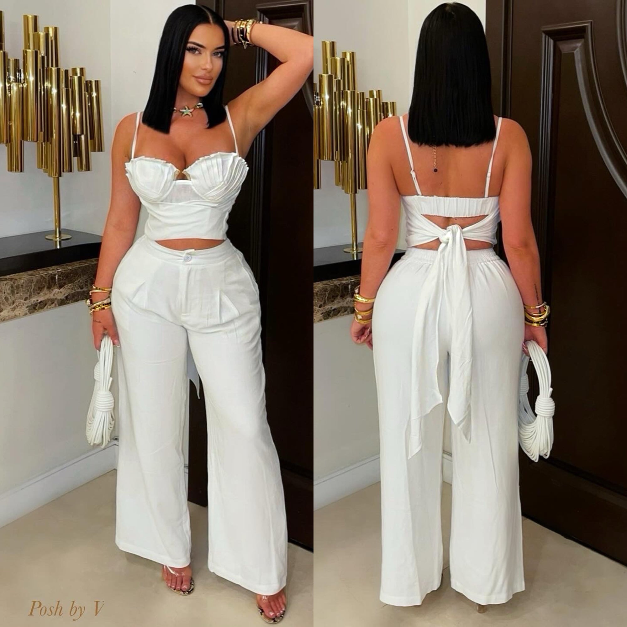 Asha linen palazzo pants set (White)