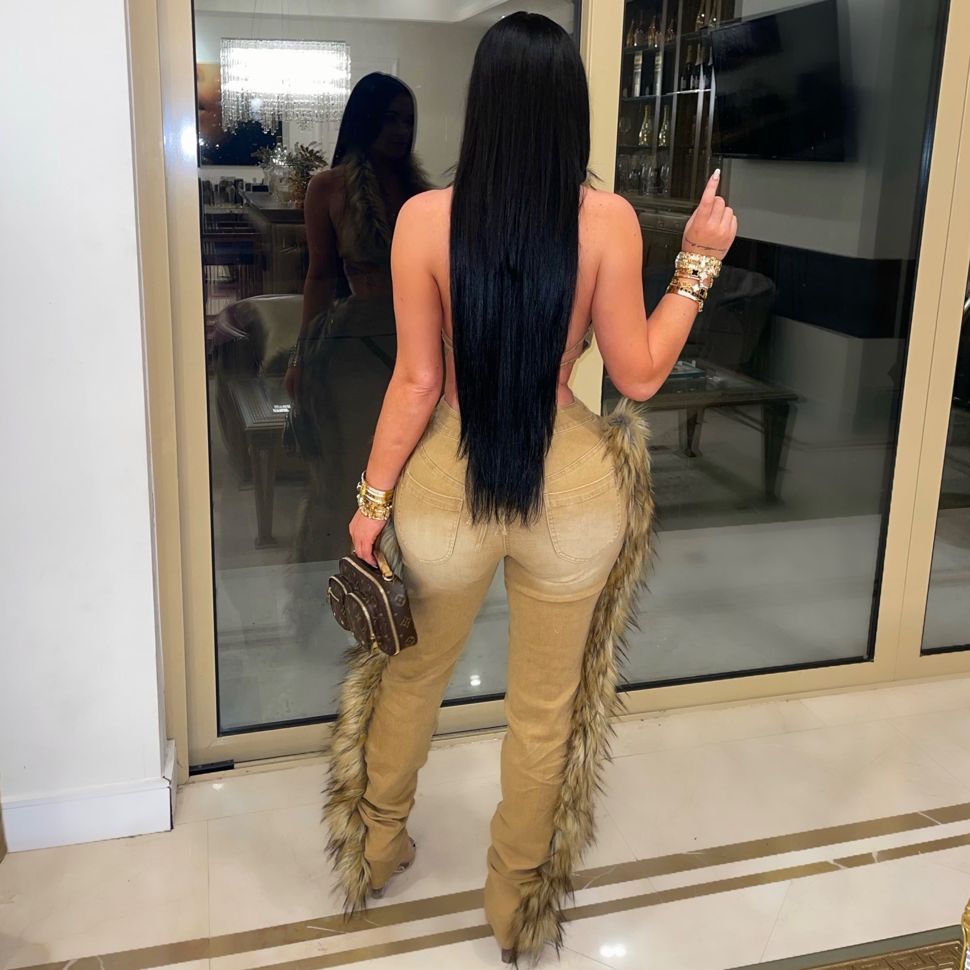 Posh fur denim pants set (Honey/gold)