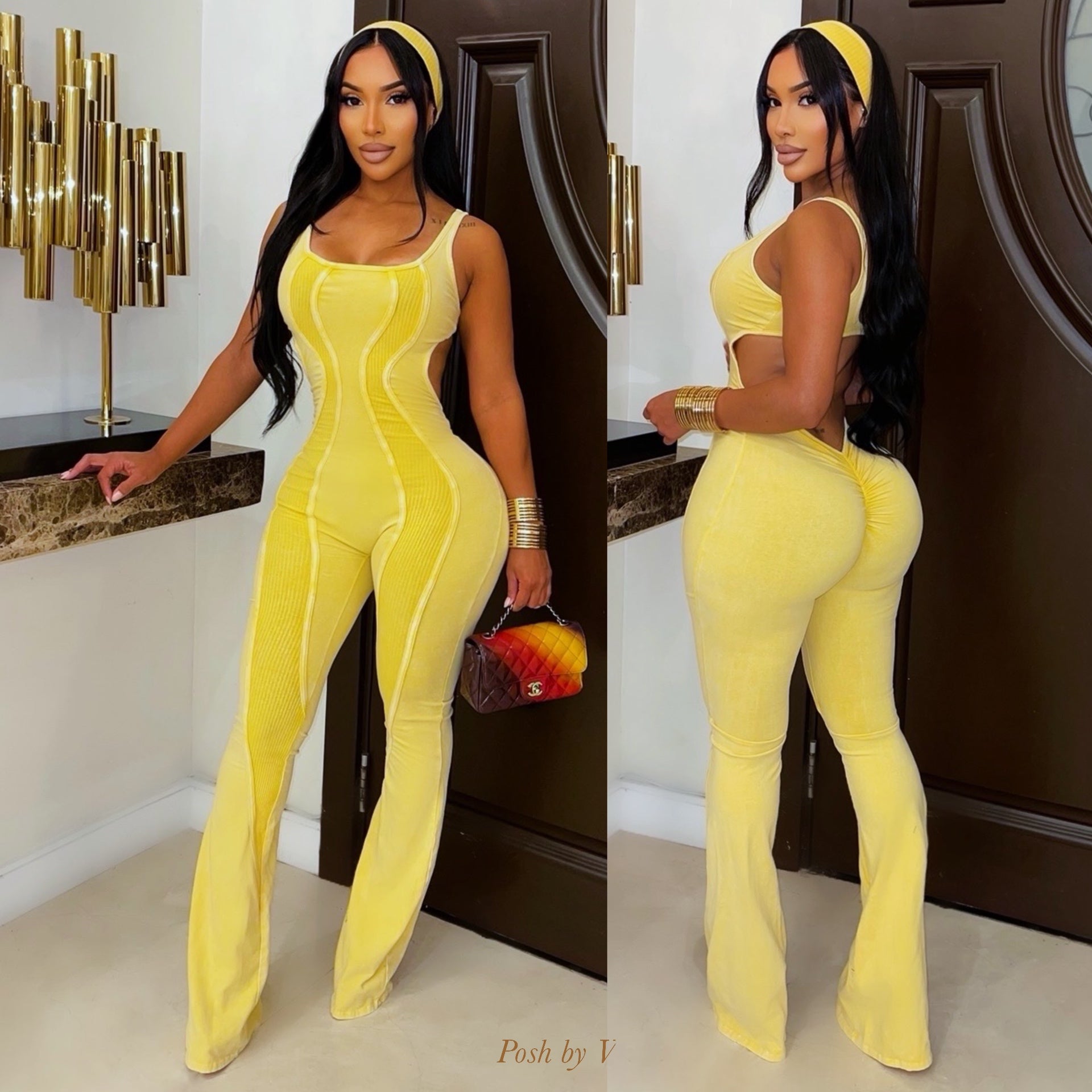 Hourglass ribbed jumpsuit w/headband (Yellow)