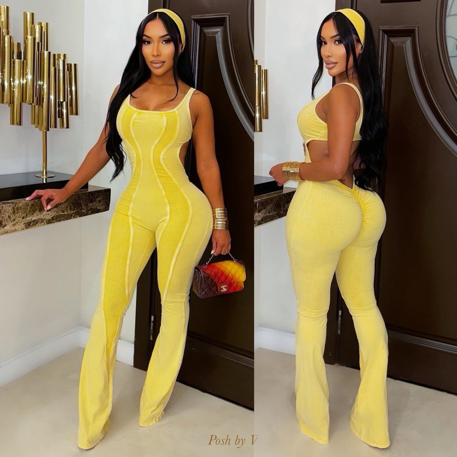 Hourglass ribbed jumpsuit w/headband (Yellow)