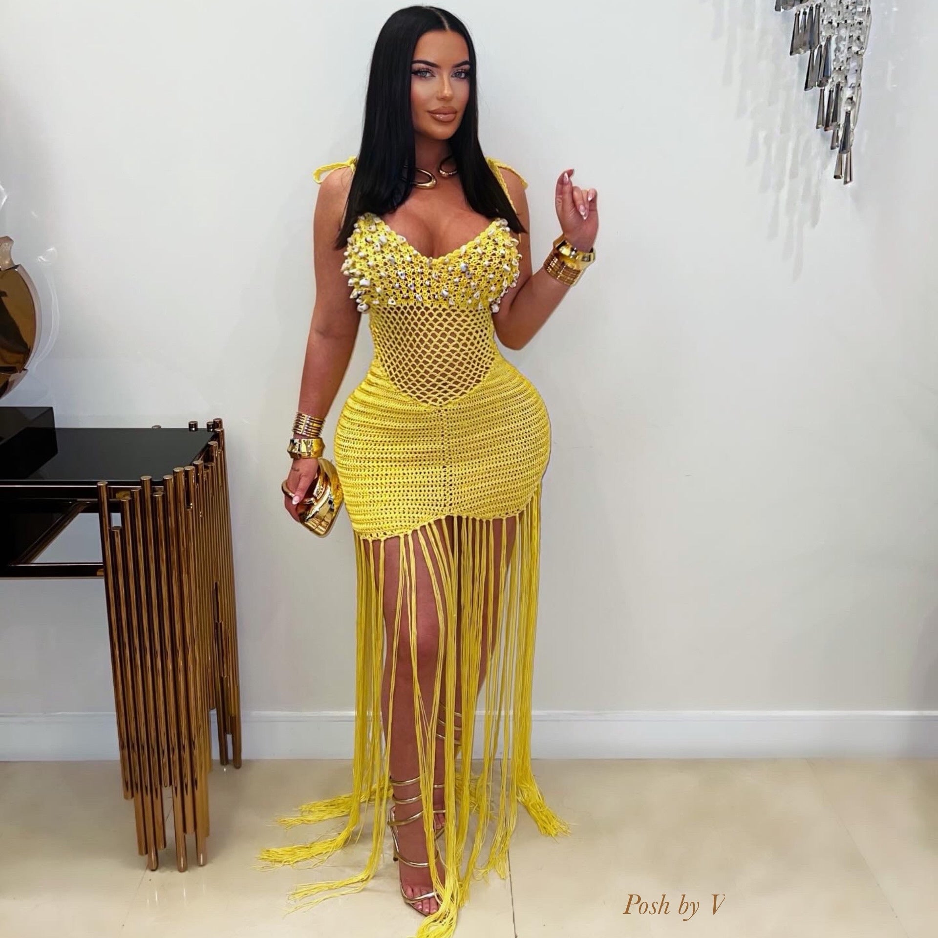 Maui crochet shell maxi dress (Yellow) - Posh By V Maui crochet shell maxi dress (Yellow) - Posh By V