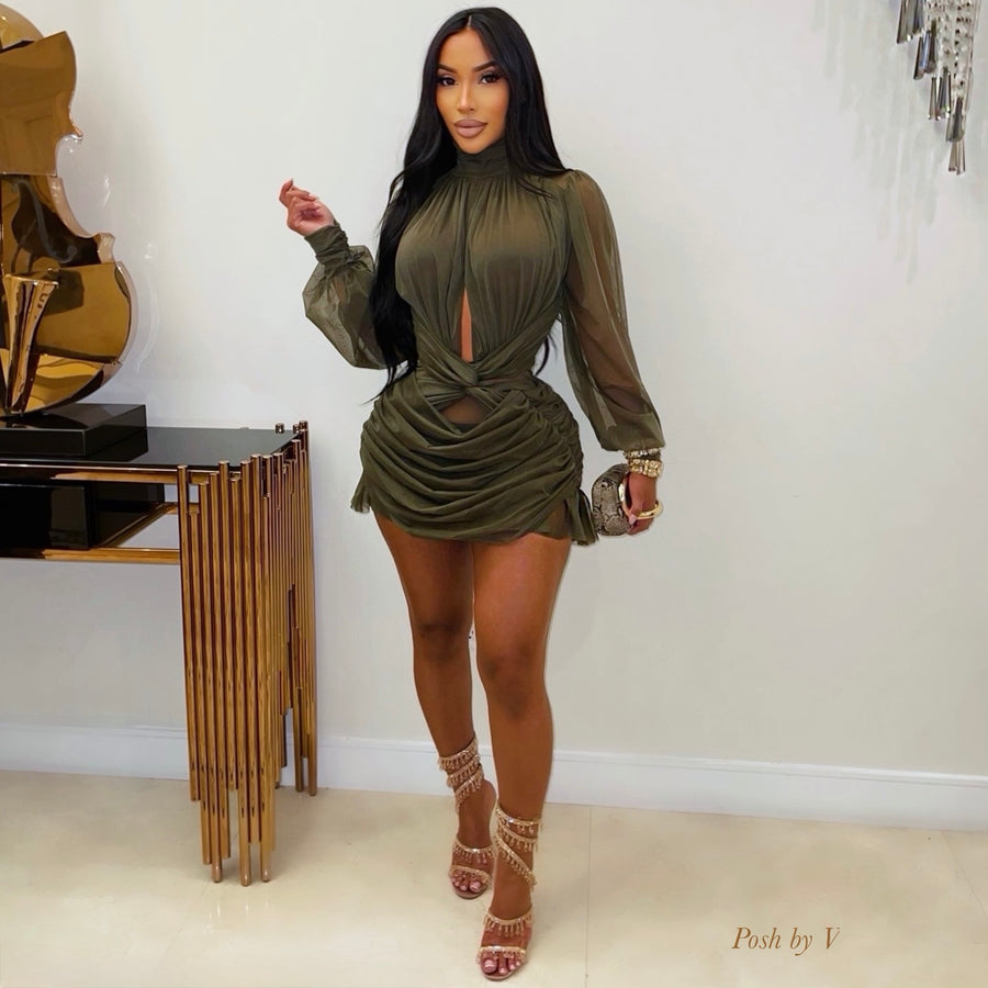 Emmy ruched mini dress (Olive)