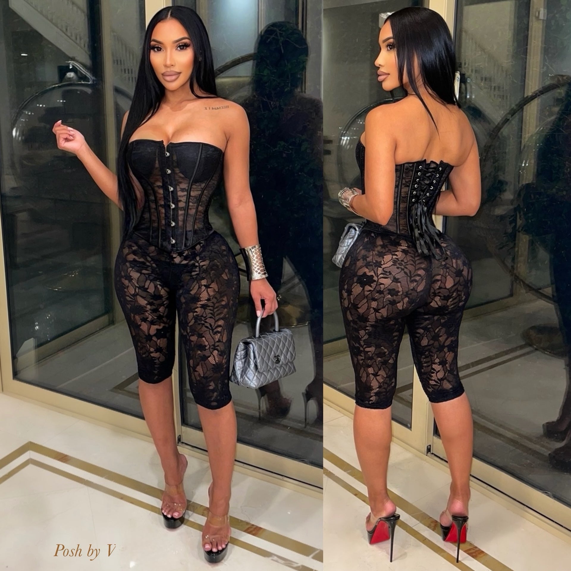 Cella corset lace capri set (Black)
