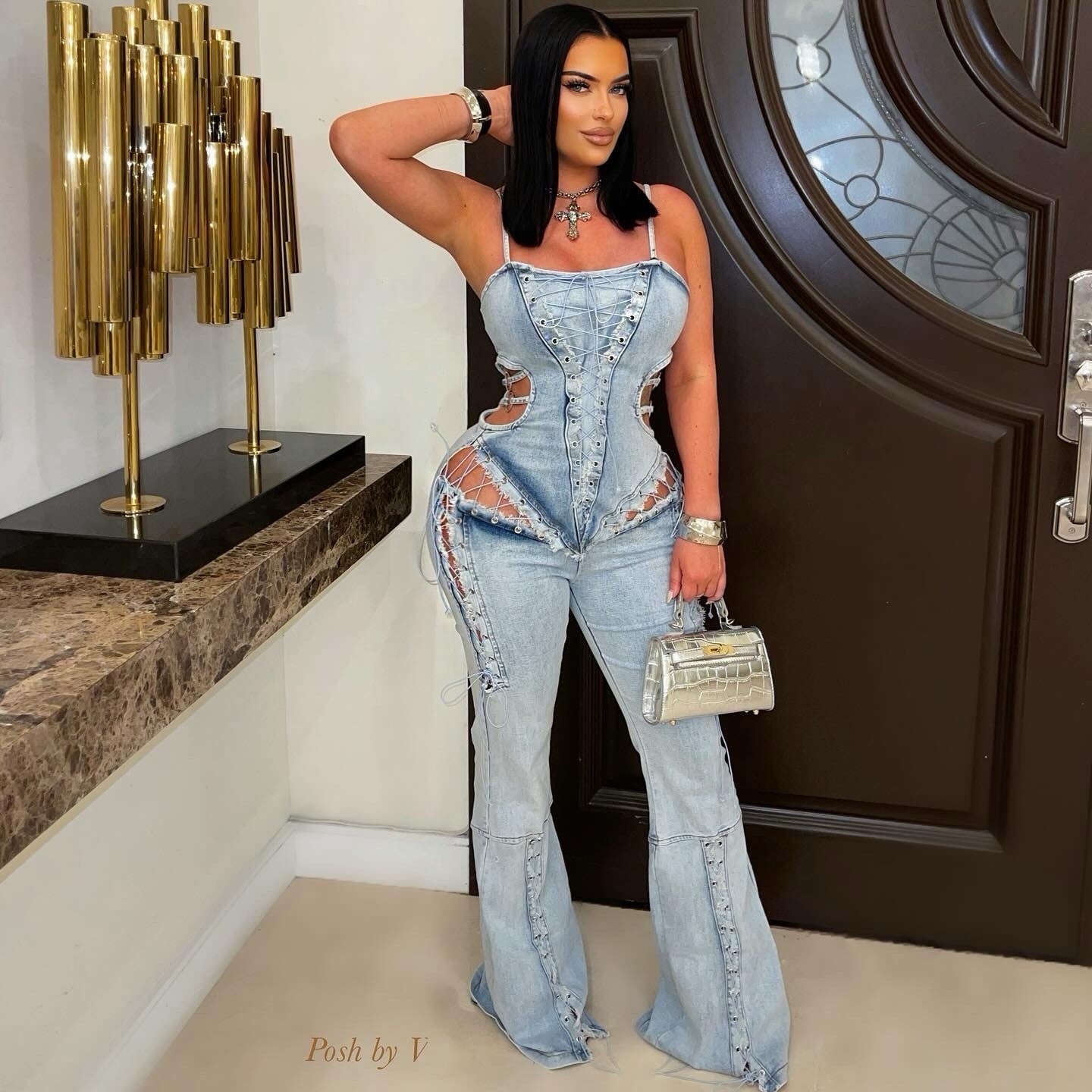 Miraya laced denim jumpsuit (Blue)